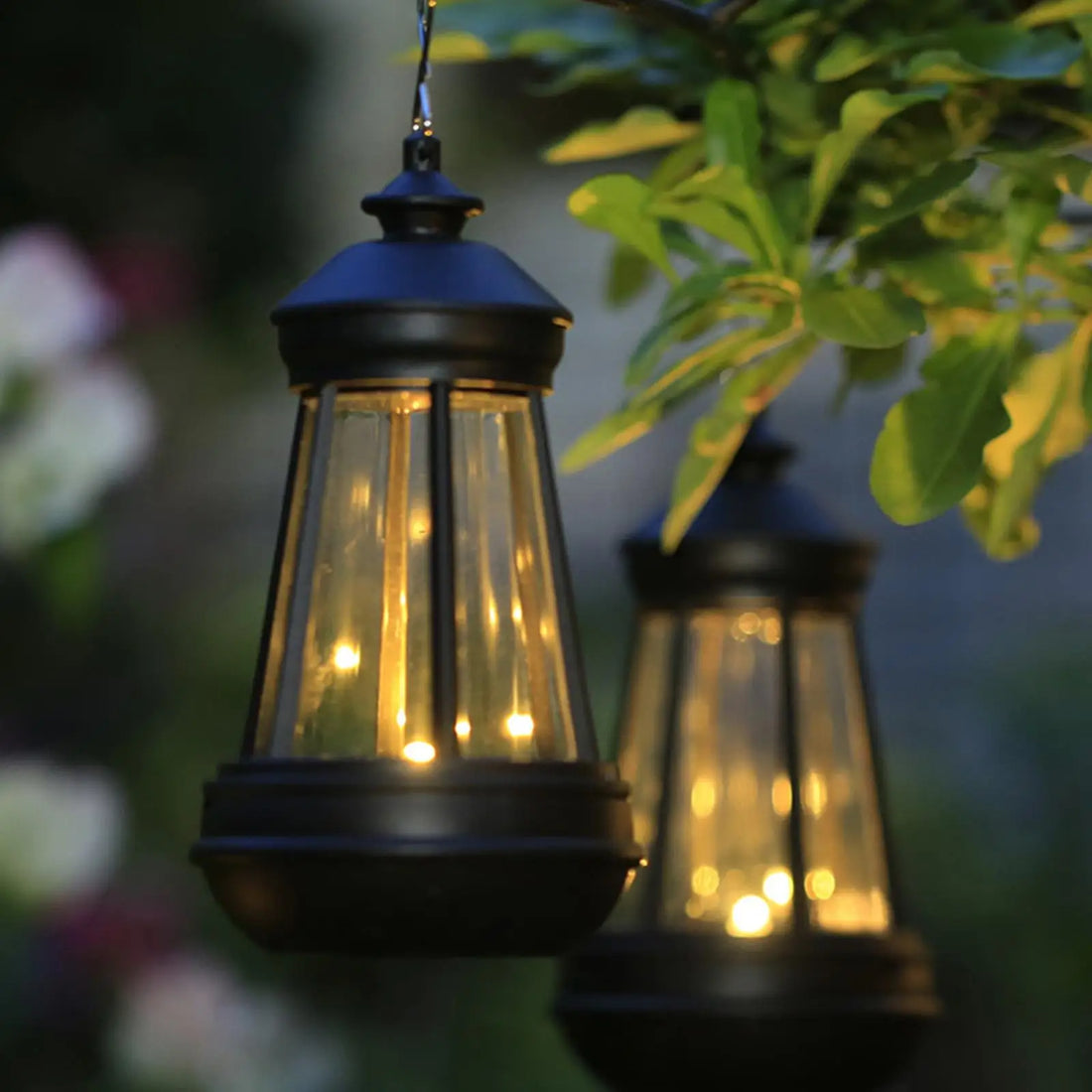 Two hanging lanterns with warm glowing lights are suspended from tree branches, surrounded by blurred foliage in an outdoor setting at dusk.