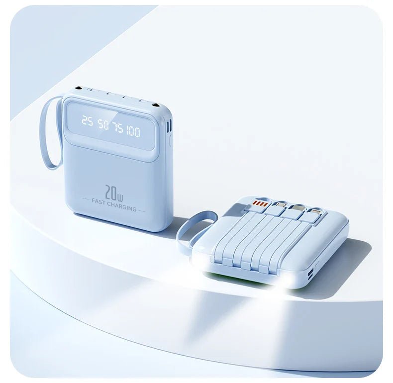 Two sleek portable power banks in white with digital displays and rounded edges are shown. One is standing upright with a handle, displaying numbers, while the other is lying flat, revealing charging cables.