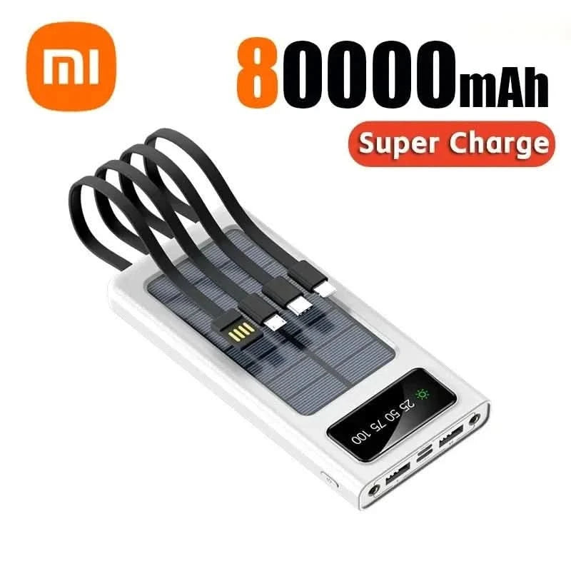 Xiaomi 200000mAh Solar Power Bank Built Cables Solar Charger 2 USB Ports External with LED Light Super Fast Charger Powerbank