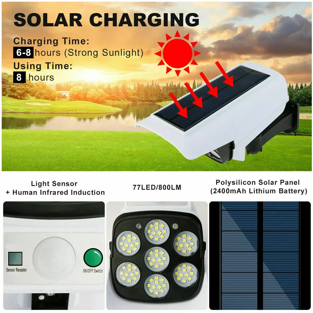 Outdoor Solar Motion Sensor Security Light - 77 LED Dummy Camera Floodlight, IP65 Waterproof