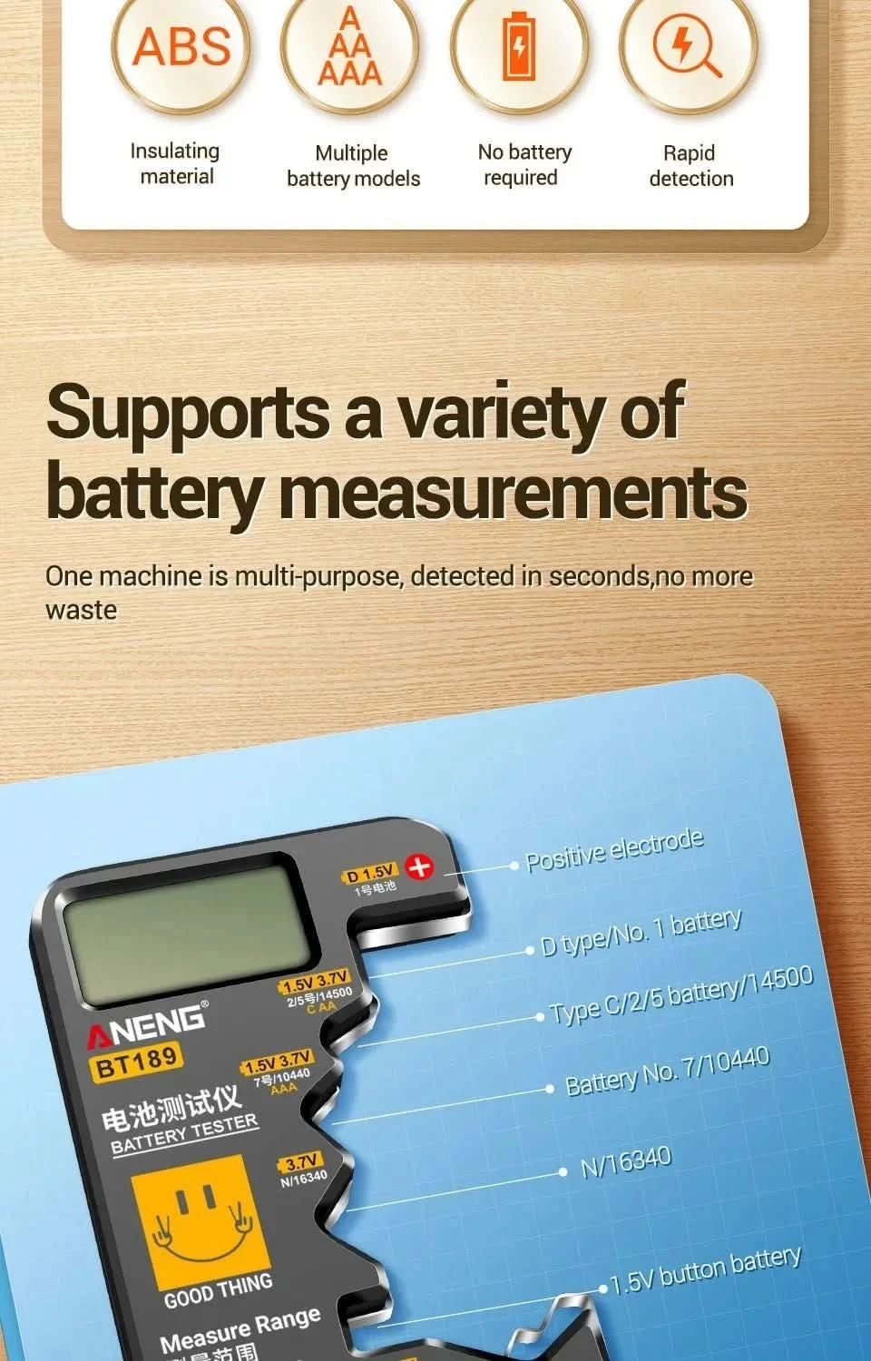 ANENG BT189 Universal Battery Tester - LCD Display for 9V, AA, AAA, C, D & More