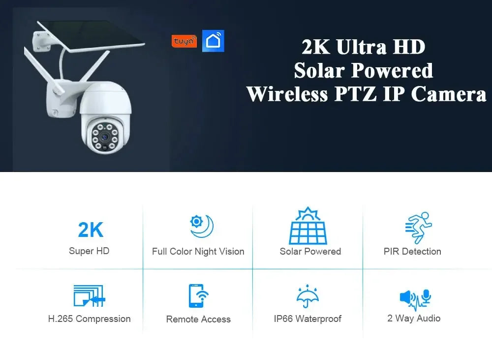 5MP Solar WiFi Camera - PTZ Outdoor Surveillance with PIR Human Tracking & Tuya App