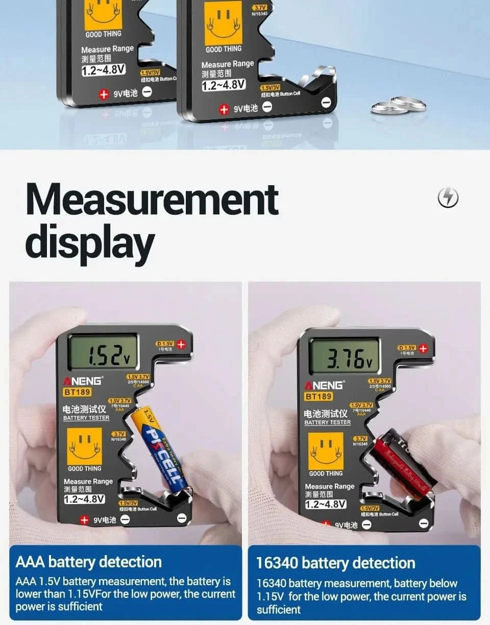 ANENG BT189 Universal Battery Tester - LCD Display for 9V, AA, AAA, C, D & More