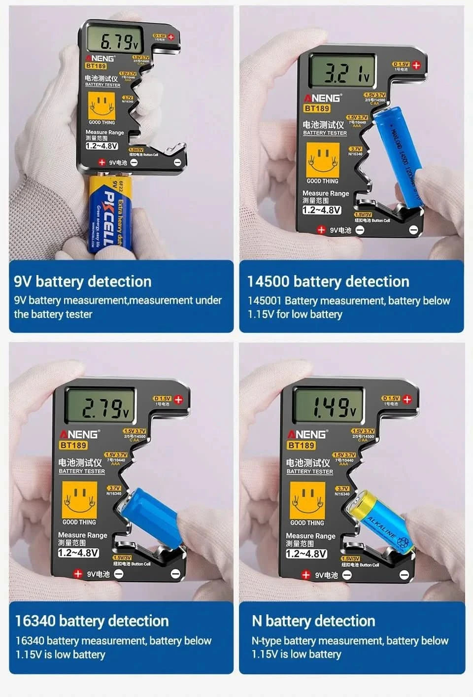 ANENG BT189 Universal Battery Tester - LCD Display for 9V, AA, AAA, C, D & More