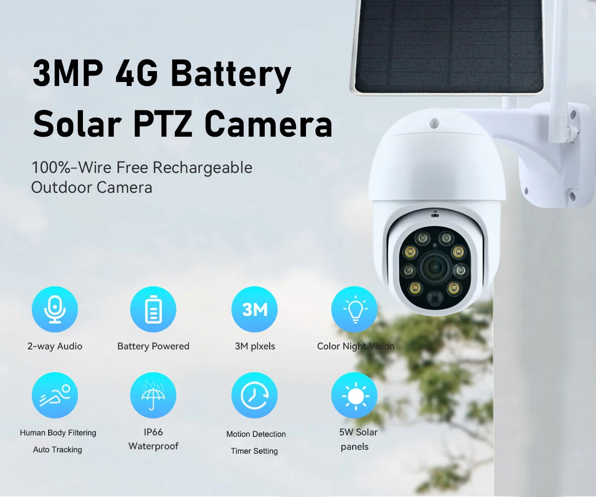 EU 4G LTE Solar-Powered Outdoor PTZ Security Camera - 3MP Waterproof Motion Tracking