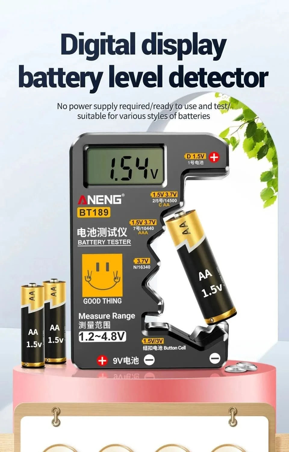 ANENG BT189 Universal Battery Tester - LCD Display for 9V, AA, AAA, C, D & More