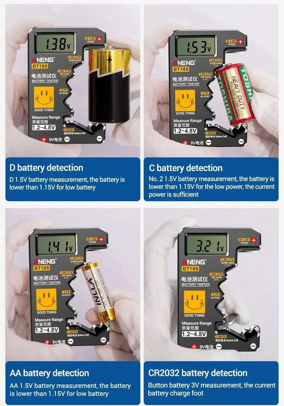 ANENG BT189 Universal Battery Tester - LCD Display for 9V, AA, AAA, C, D & More