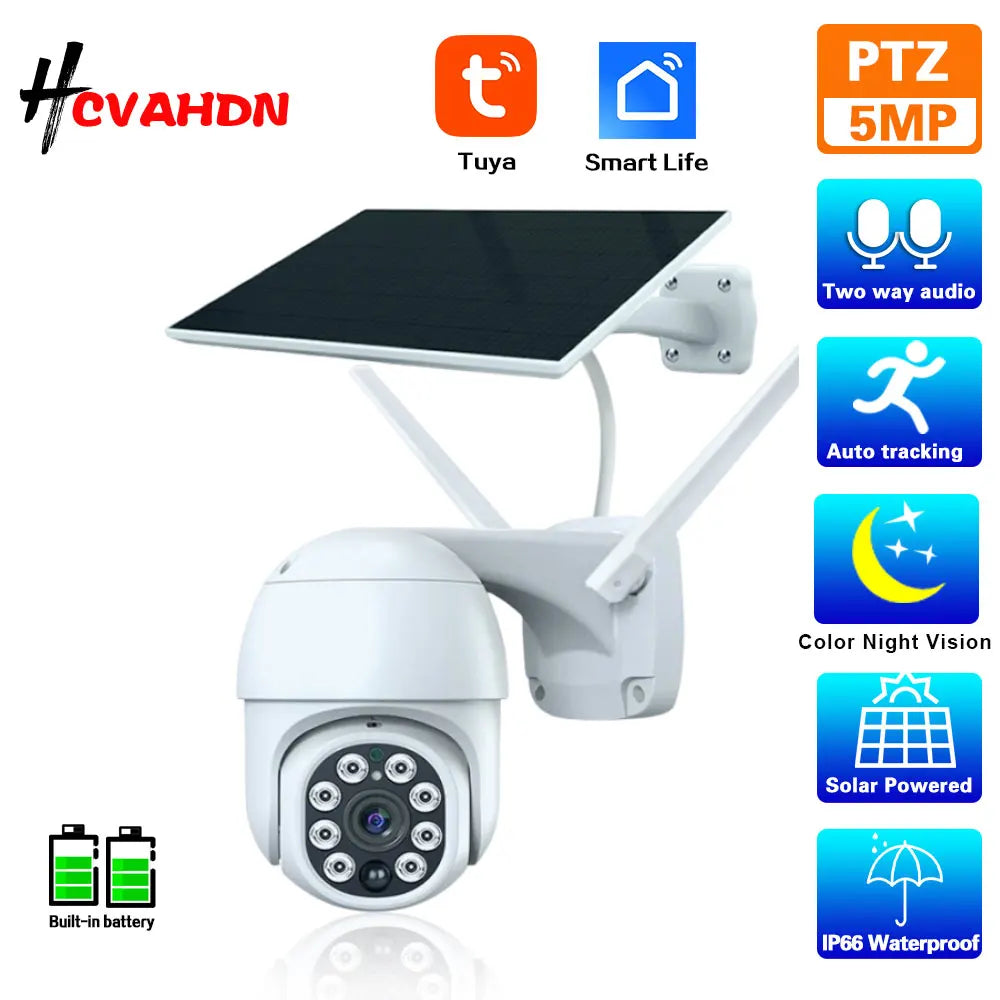 5MP Solar WiFi Camera - PTZ Outdoor Surveillance with PIR Human Tracking & Tuya App