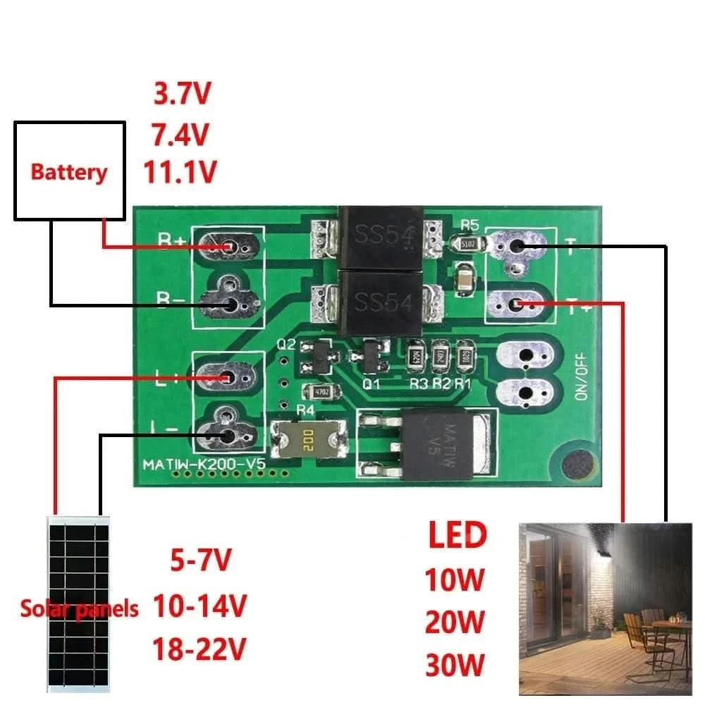 Automatic Solar Panel Battery Charger & LED Night Light Lamp Control for Garden & Street Light - 3.7V 7.4V 11.1V Module