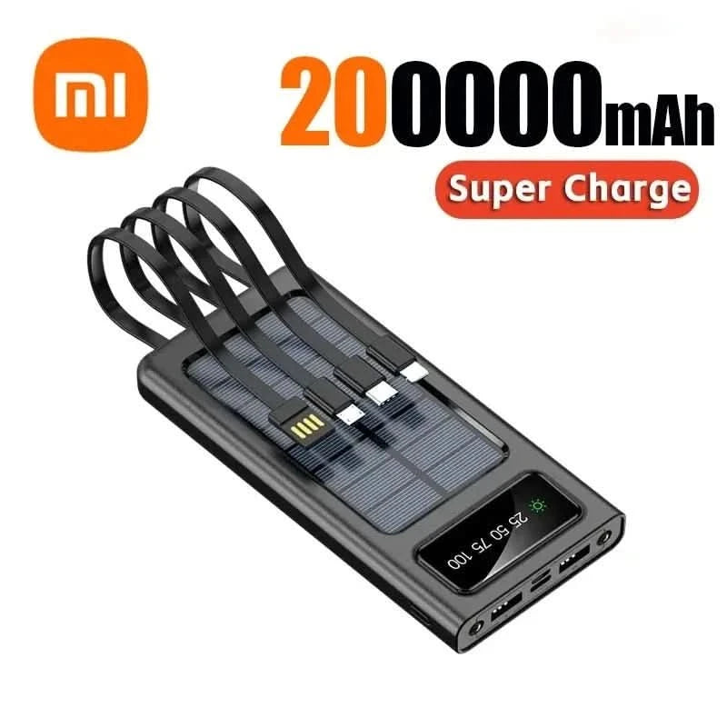 Xiaomi 200000mAh Solar Power Bank Built Cables Solar Charger 2 USB Ports External with LED Light Super Fast Charger Powerbank