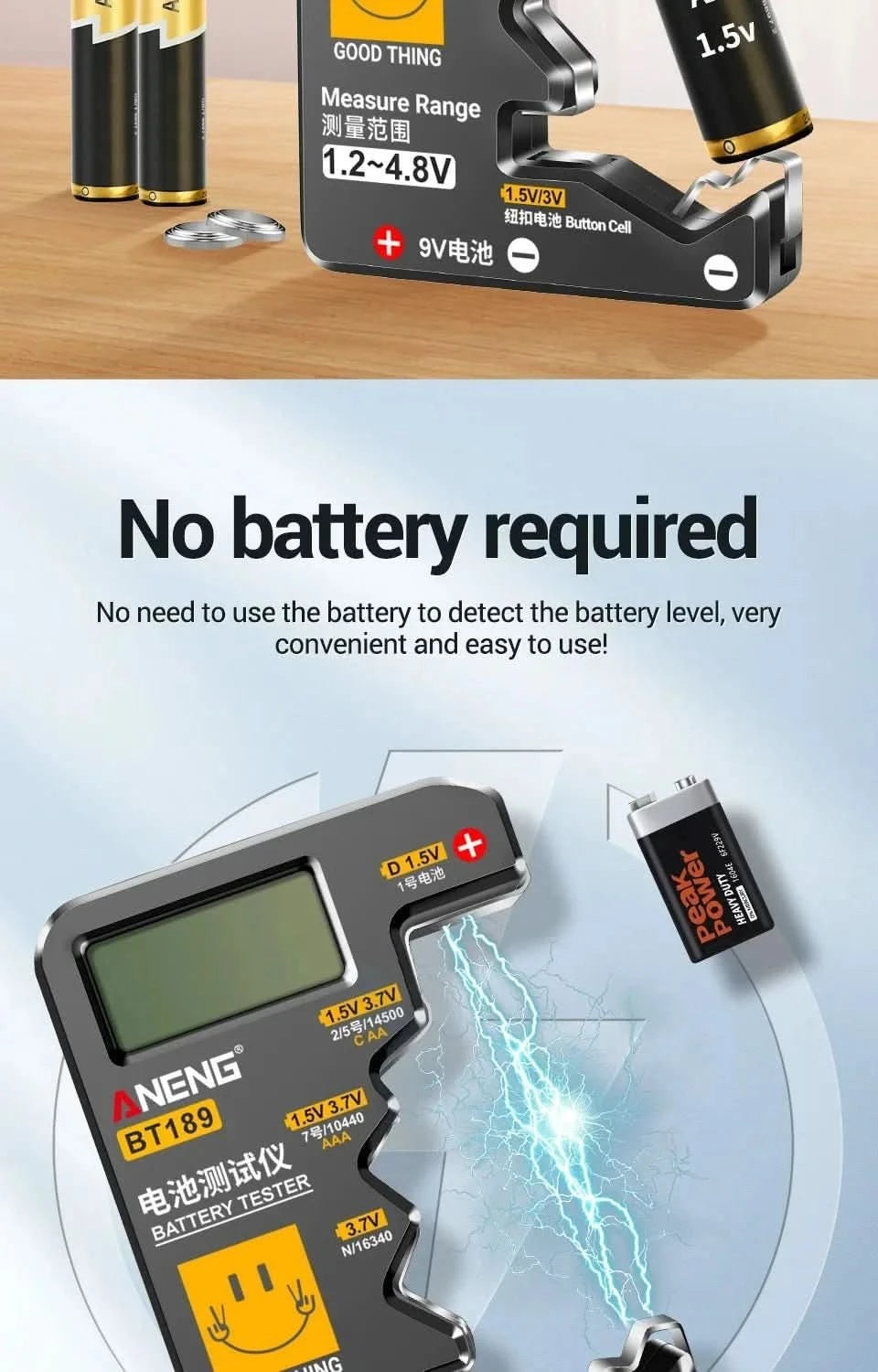 ANENG BT189 Universal Battery Tester - LCD Display for 9V, AA, AAA, C, D & More