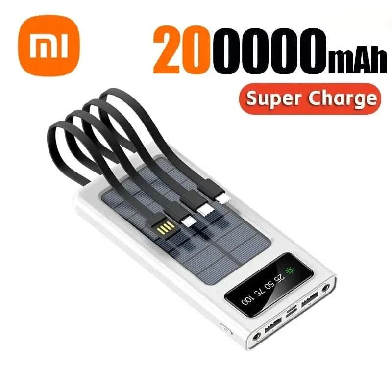 Xiaomi 200000mAh Solar Power Bank Built Cables Solar Charger 2 USB Ports External with LED Light Super Fast Charger Powerbank