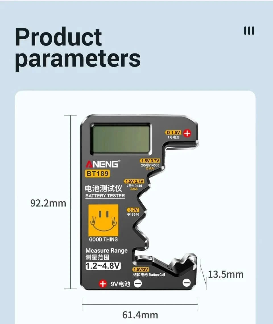 ANENG BT189 Universal Battery Tester - LCD Display for 9V, AA, AAA, C, D & More