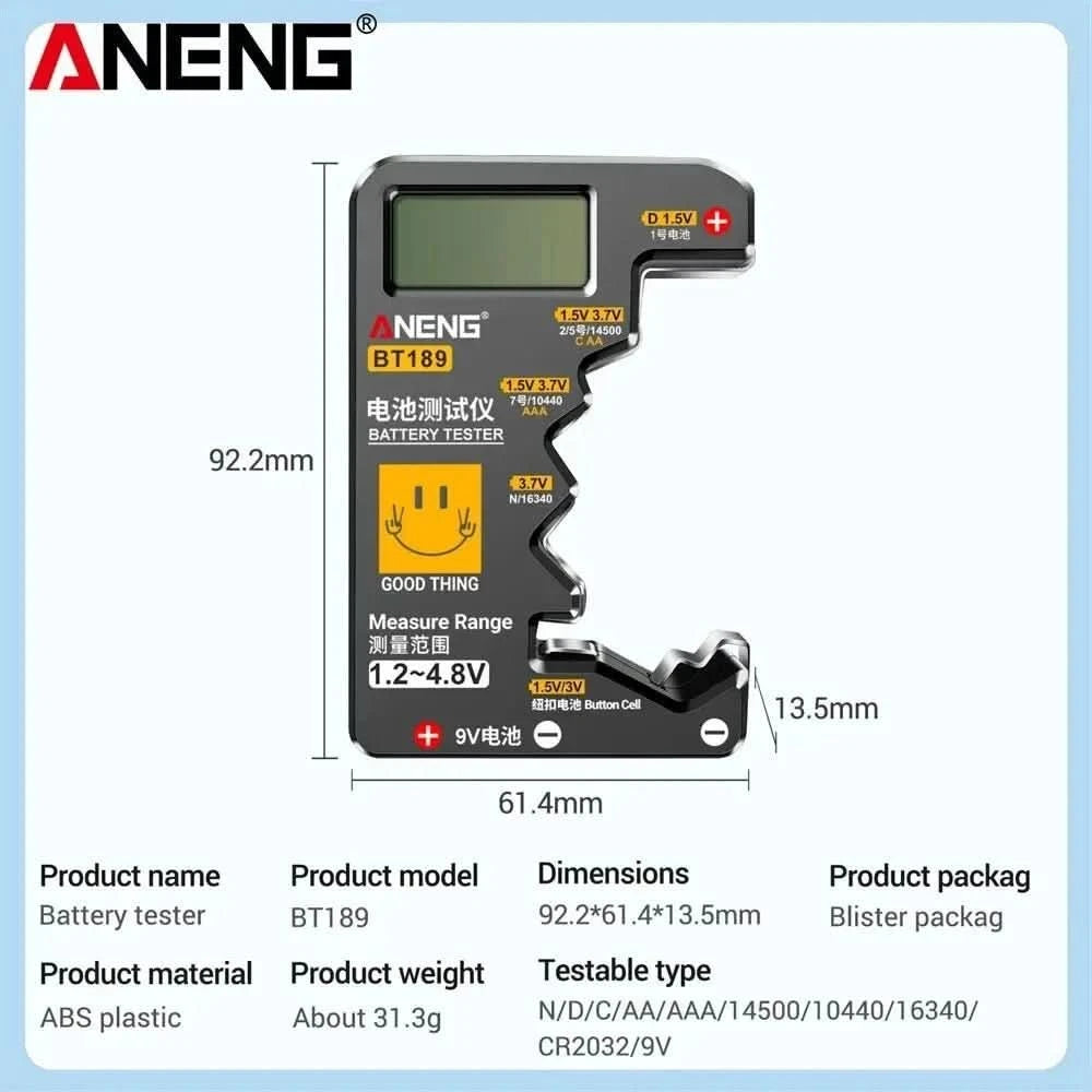 ANENG BT189 Universal Battery Tester - LCD Display for 9V, AA, AAA, C, D & More